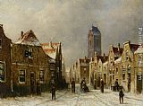 Pieter Gerard Vertin Figures in the streets of a snow covered dutch town painting